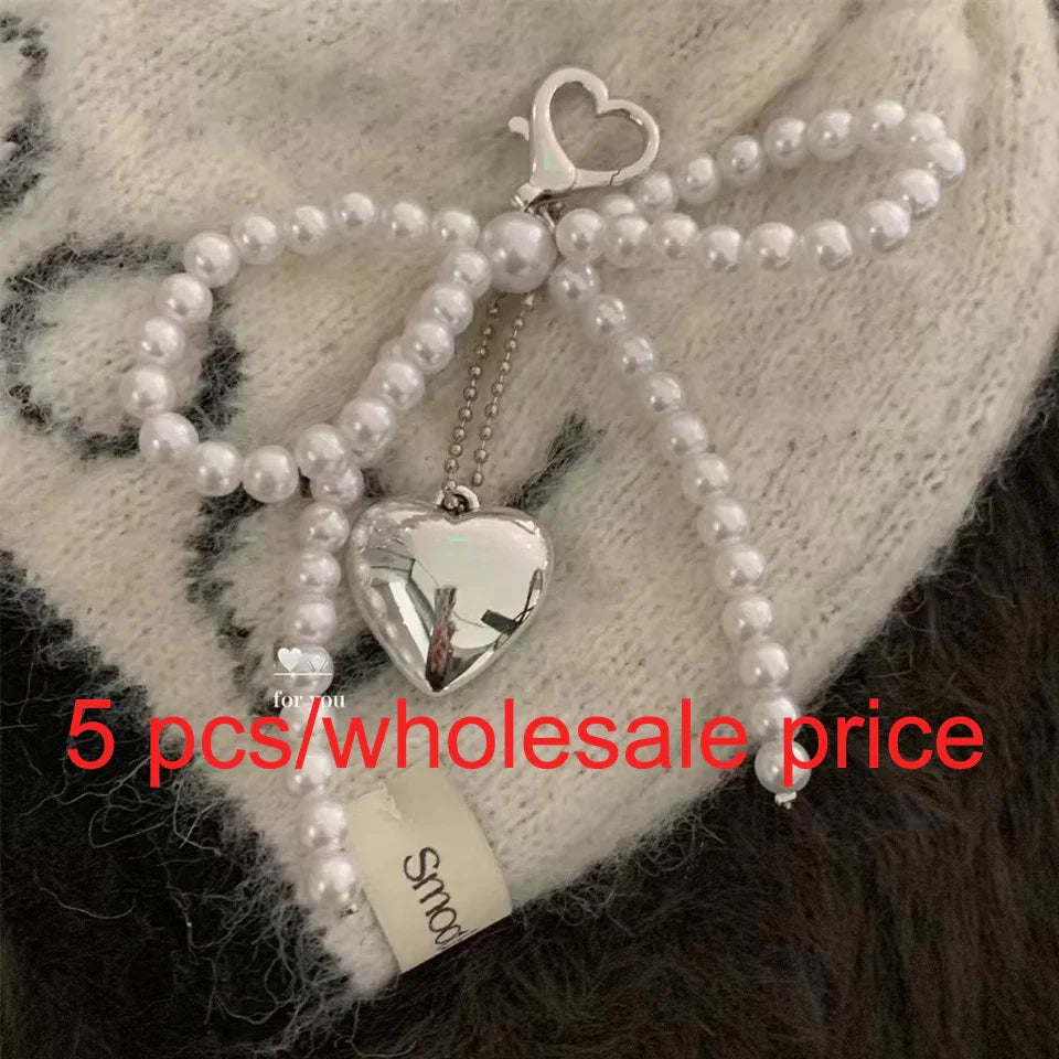 White Bowknot Heart Keychain for Women Sweet Charm Pearl Bow Backpack Key Ring Handmade Jewelry Ornament