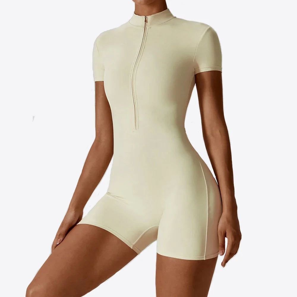 Womens Yoga Jumpsuit Slim Fit Short Sleeve Romper Solid