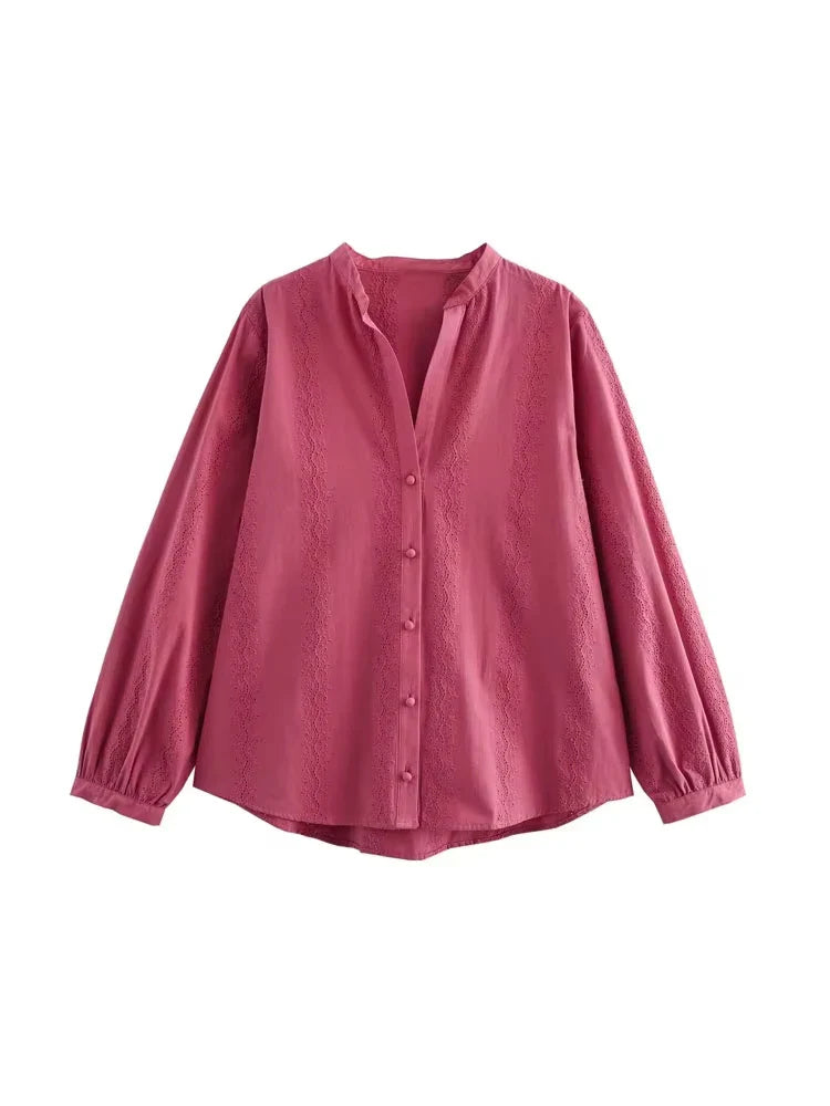 Womens Long Sleeve Cutwork Embroidery Shirt Chic Blouse with Front Covered Buttons Elegant Fashion Top