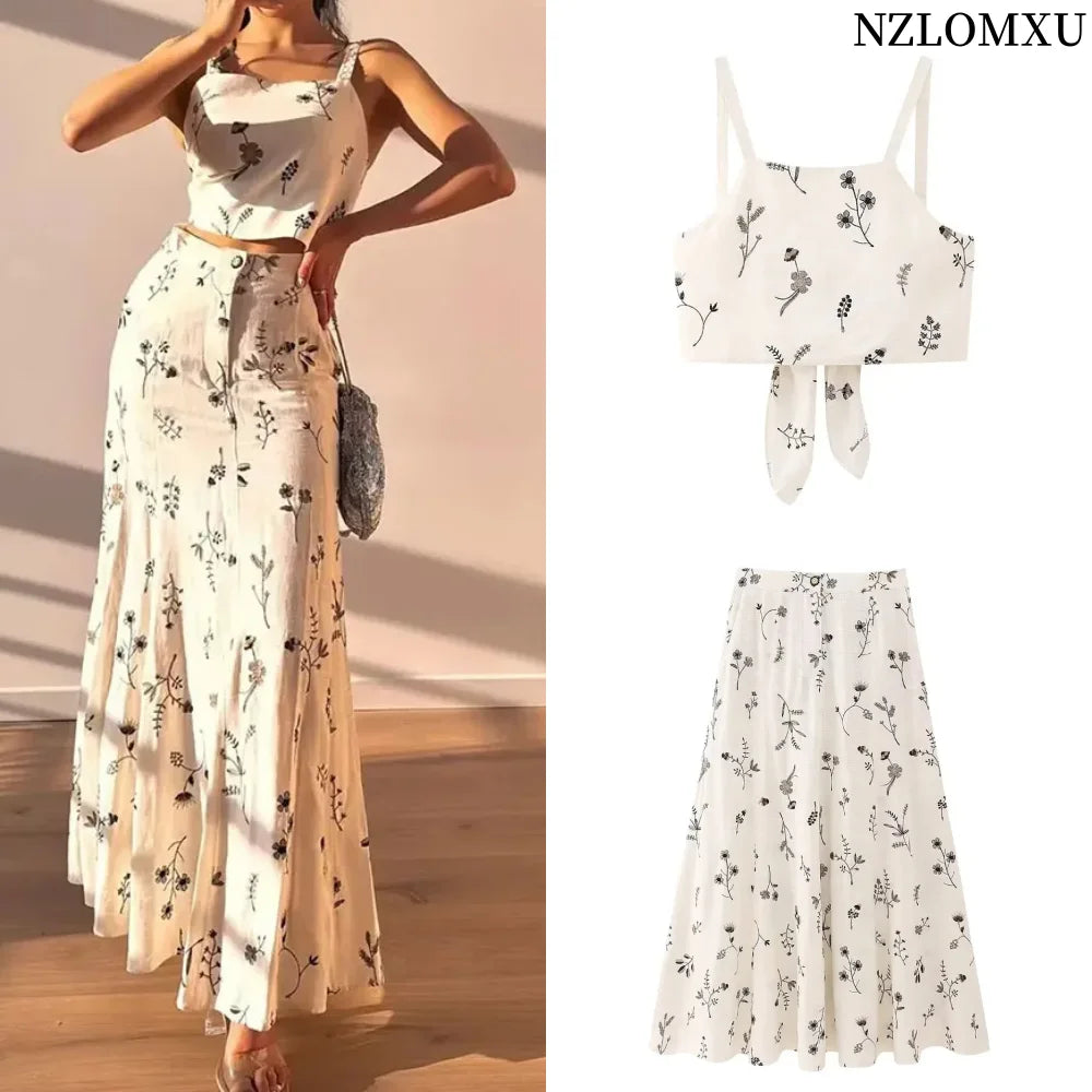 Summer Women Two Piece Set Embroidered Bowknot Short Sling Top with Elegant Midi Skirt Slim Fit Casual Fashion Outfit