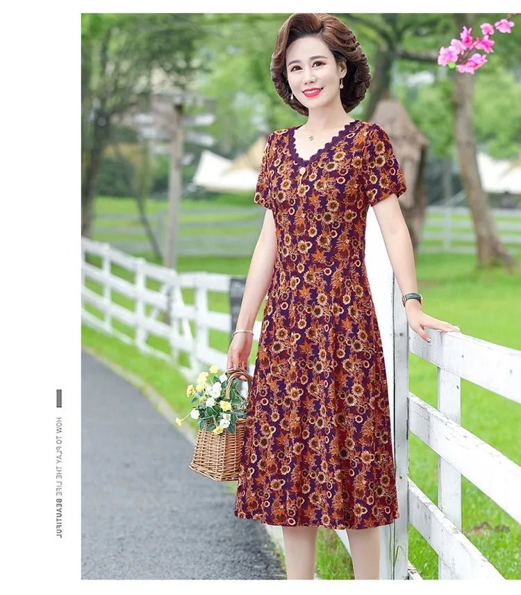 Bohemian Summer Dress With V Neck Print Vintage Midi