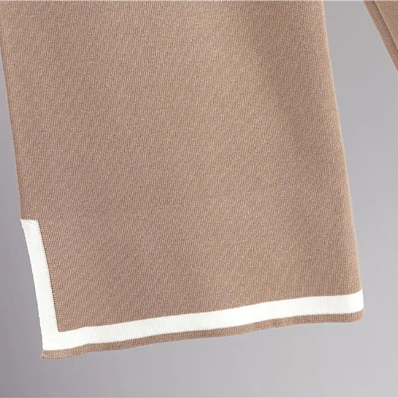 Spring Women Knitted Sweater Set Casual Pullover and Pant Outfit with Color Contrast Block Design