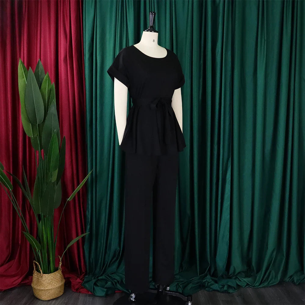 Women's Elegant 2 Piece Pants Set with Solid Blouse Short Sleeve O Neck and Long Trousers