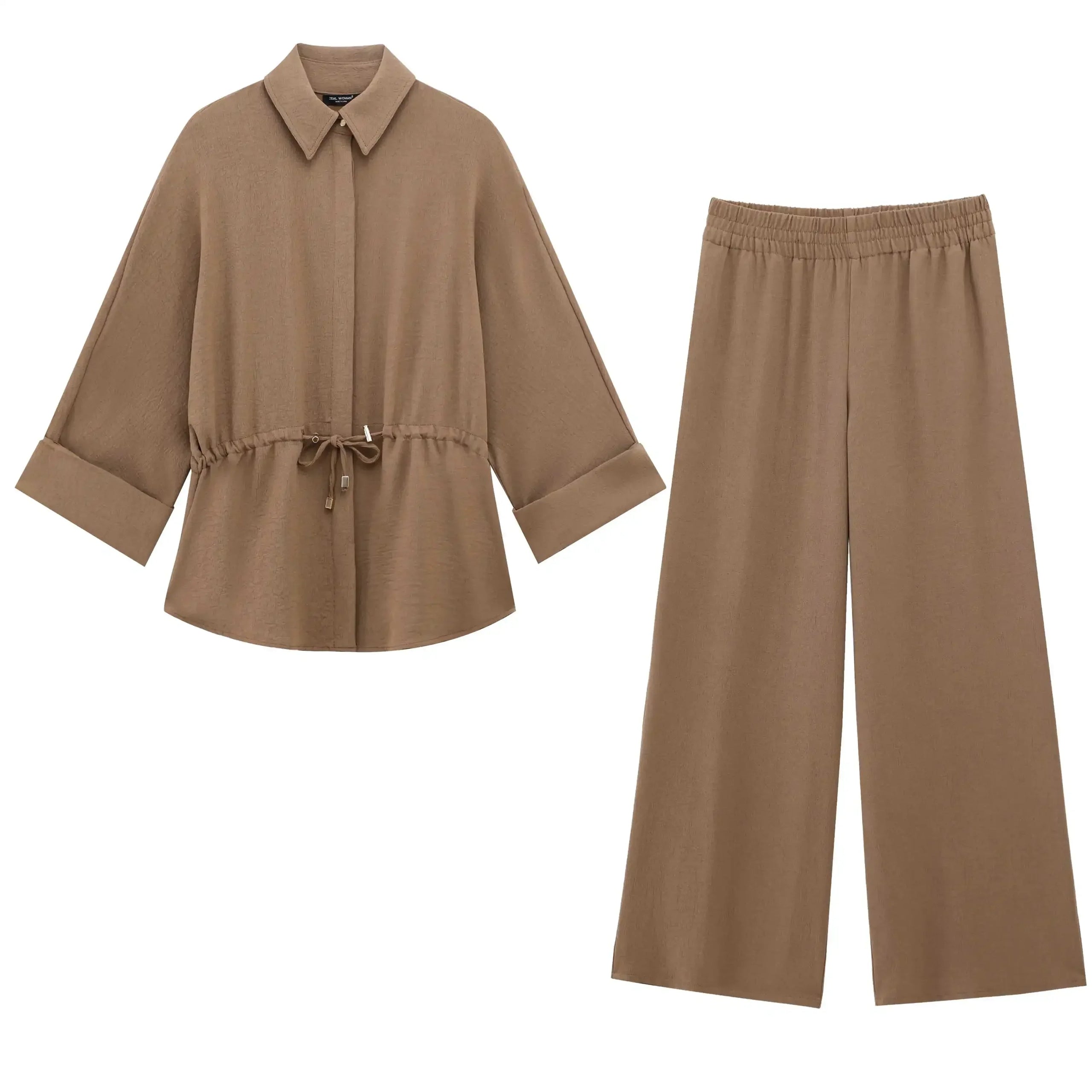 Women's Lace Up Kimono Shirt Top and Elastic Waist Wide Leg Trousers Two Piece Set