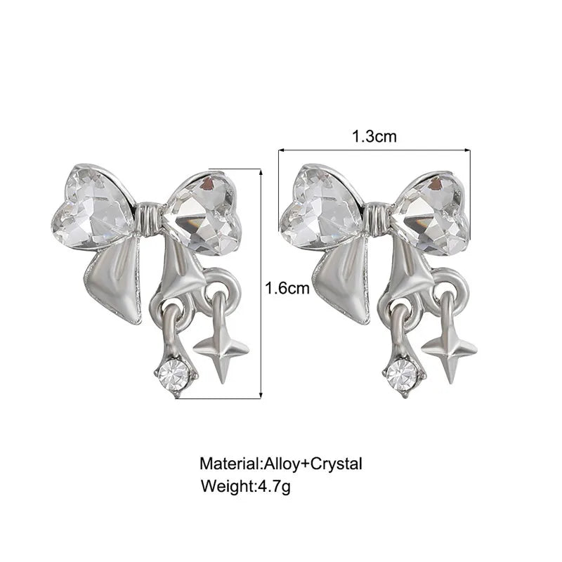 Y2K Bowknot Zircon Stud Earrings for Women with Pink Crystals in Silver Color Fashion Jewelry