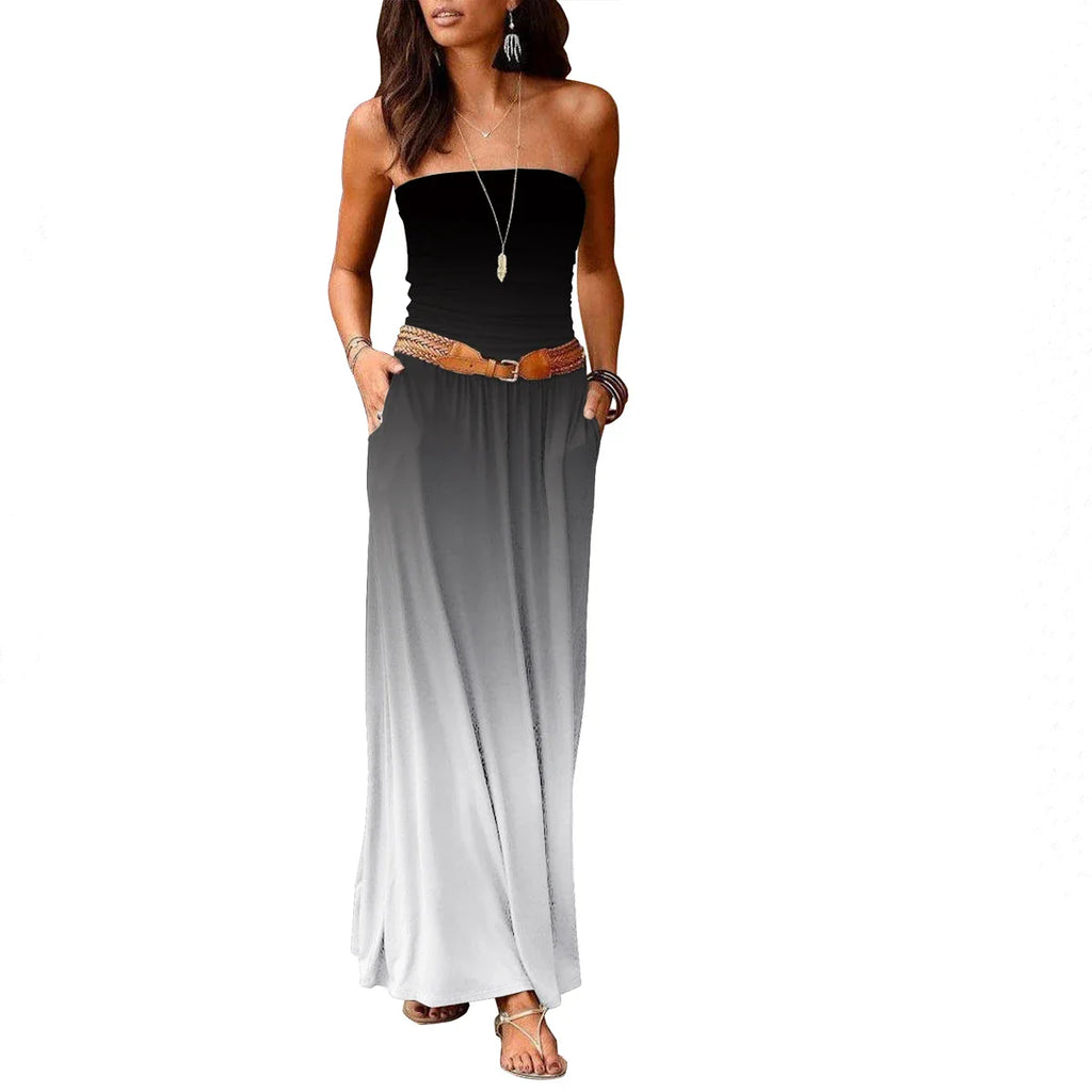 Strapless Maxi Dress With Pockets Off Shoulder Pleated
