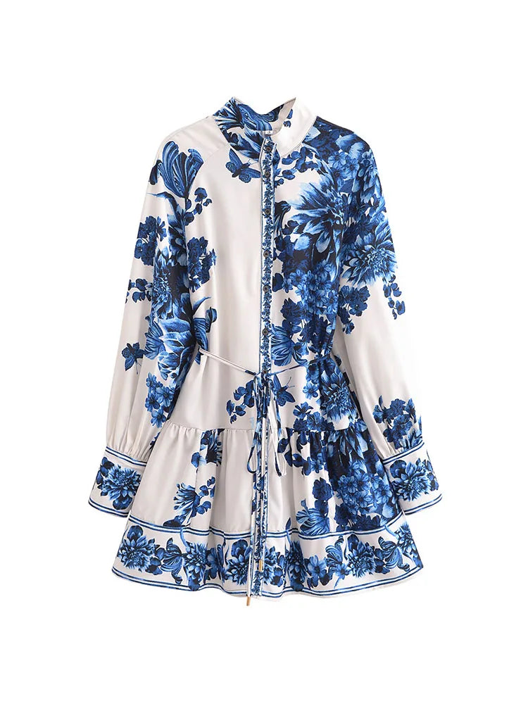 Womens Vintage Print Mini Dress With Bow Sash Long Sleeve