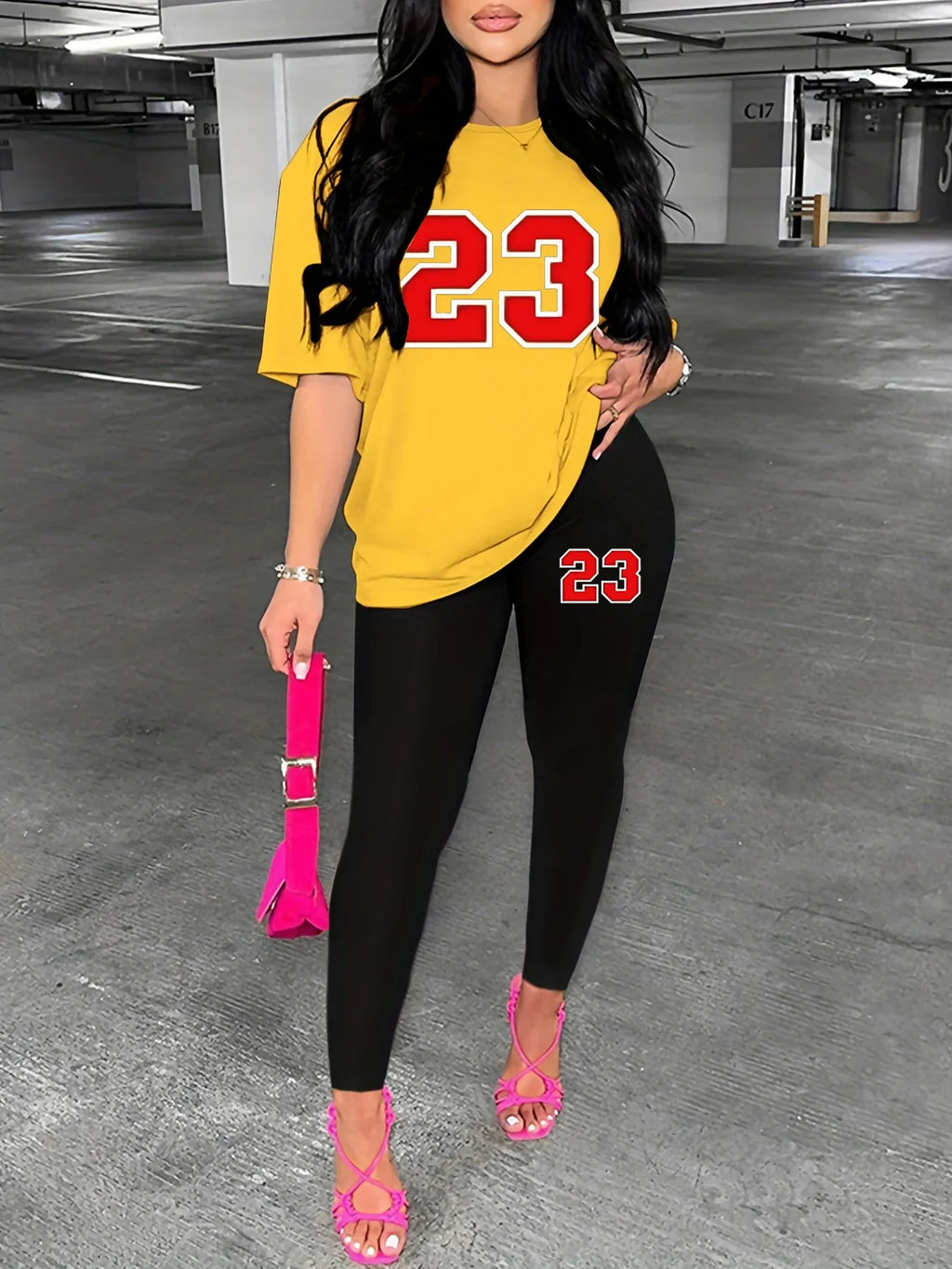 Women's Casual Loose Fit T-Shirt and Tight Bottomed Pants Two-Piece Set