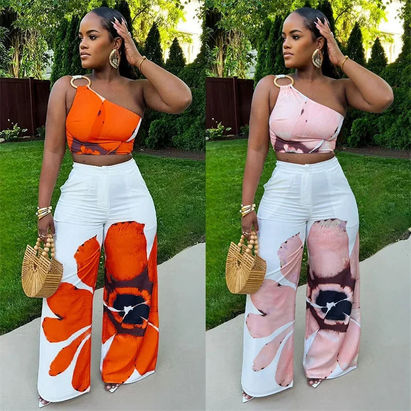 Flower Print Two Piece Set for Women One Shoulder Crop Top and Loose Wide Leg Pants Vacation Outfit