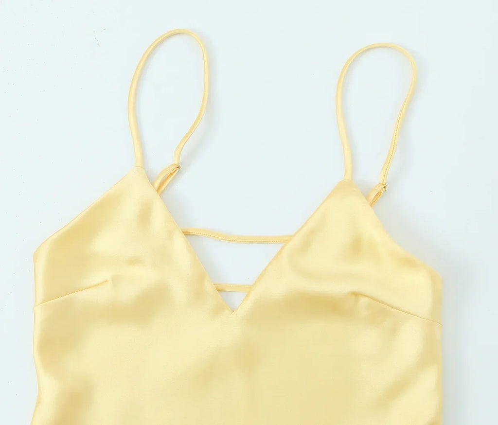 Yellow Satin Dress V Neck Backless For Women Party Evening