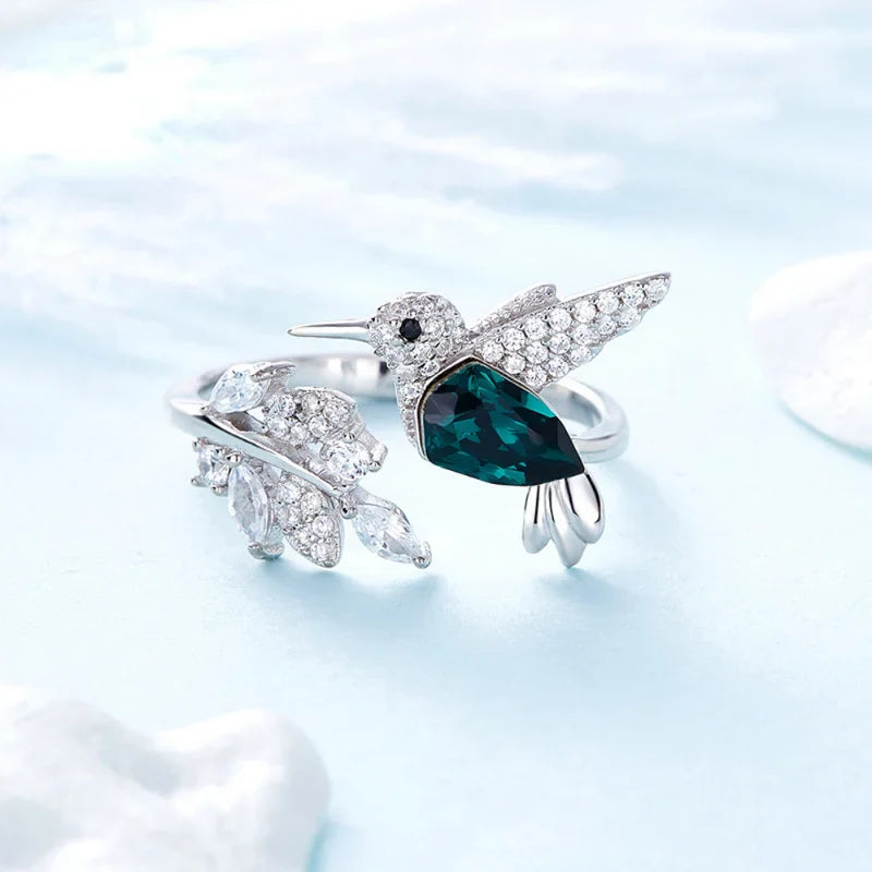 Elegant Natural Blue Stone Hummingbird Adjustable Ring for Women - Unique Glass Filled Wedding and Engagement Jewelry
