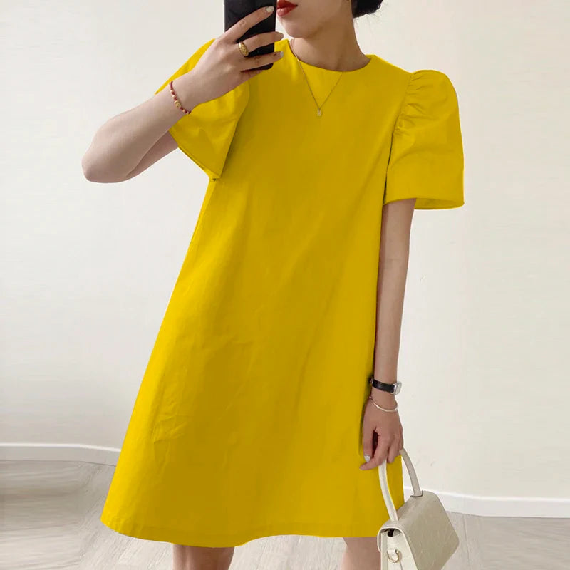 Summer Women Sundress Mini Pleated Puff Sleeve Dress