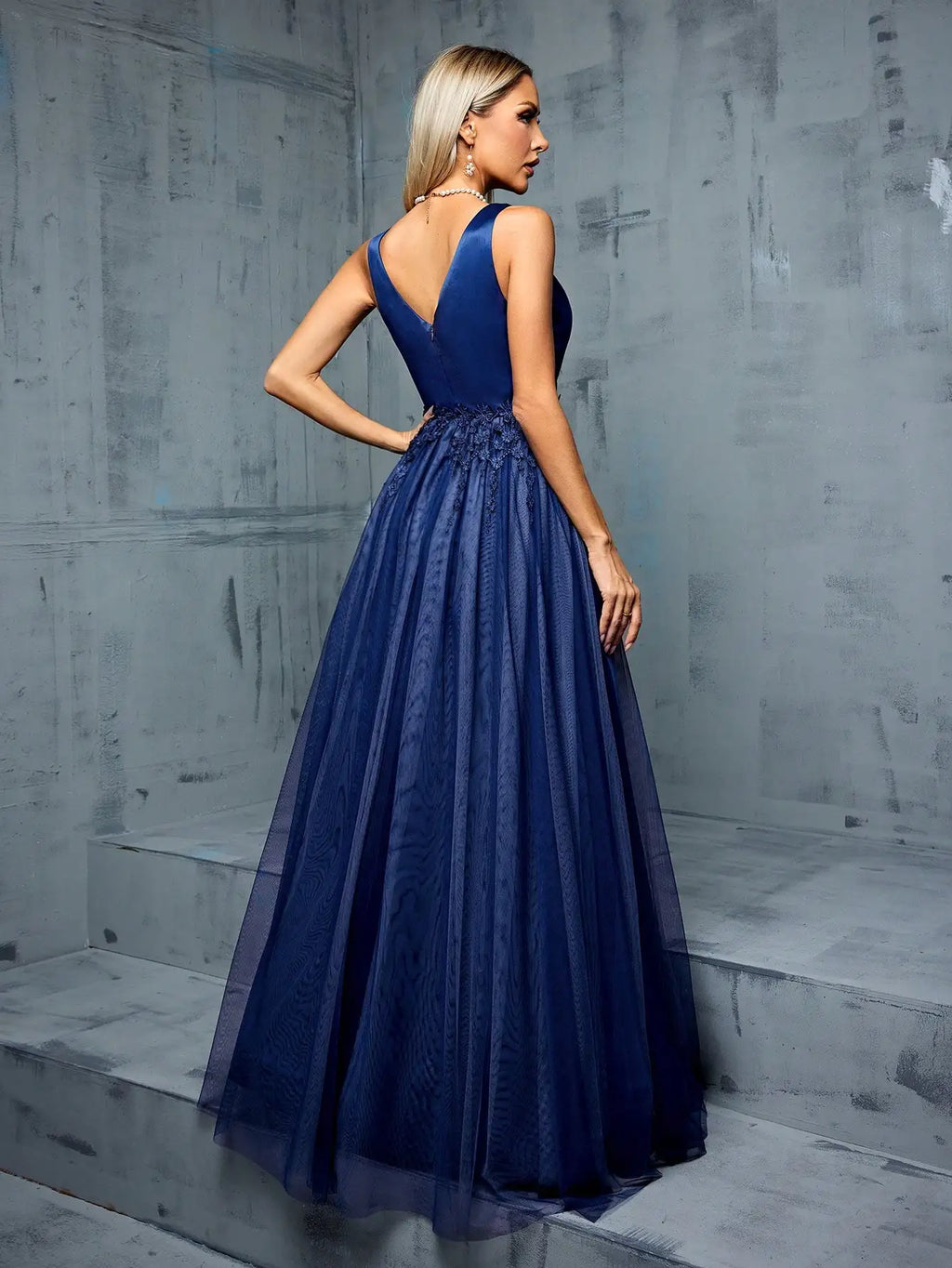 V-Neck Satin Patchwork Mesh Evening Gown With Lace Fringe