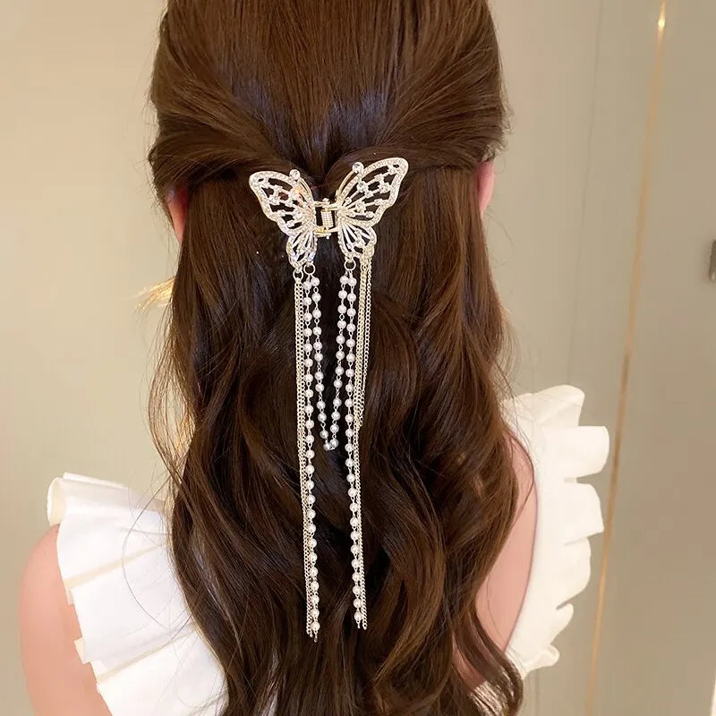Butterfly Hair Clip With Long Tassel And Imitation Pearl Rhinestone For Elegant Women's Hair Accessories