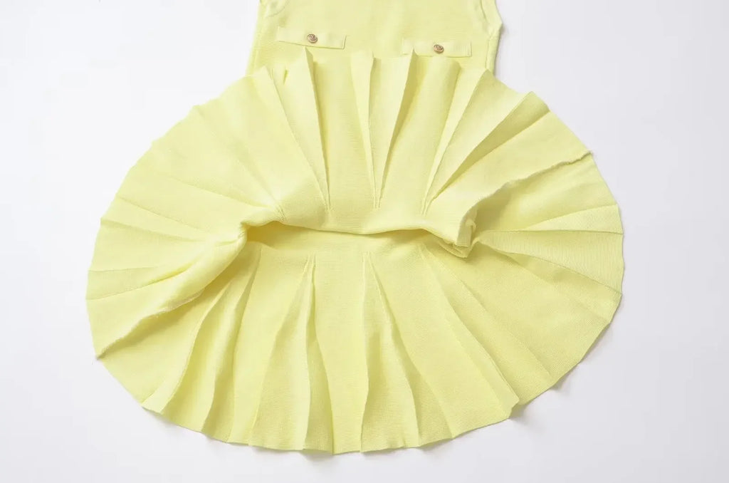 Yellow Knit Pleated Hem Mini Dress With Front Pockets