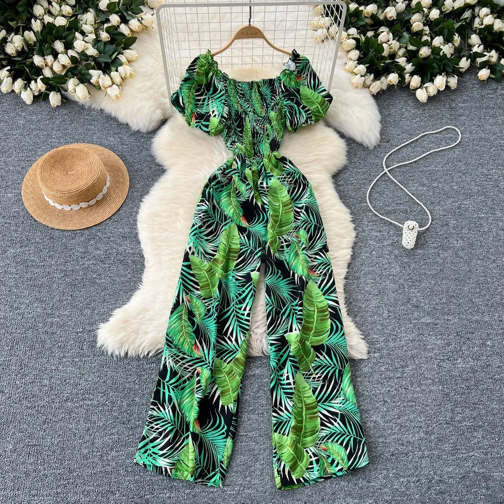 Square Neck Loose Pleated Jumpsuit with Ruffles Backless Design Wide Leg Long Pants Elegant Chic Printed Playsuit for Women