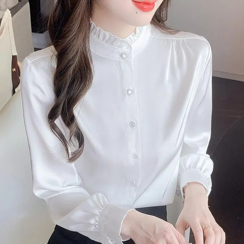 Women's Elegant Long Sleeve Chiffon Blouse with Stand Collar Lightweight White Shirt Top
