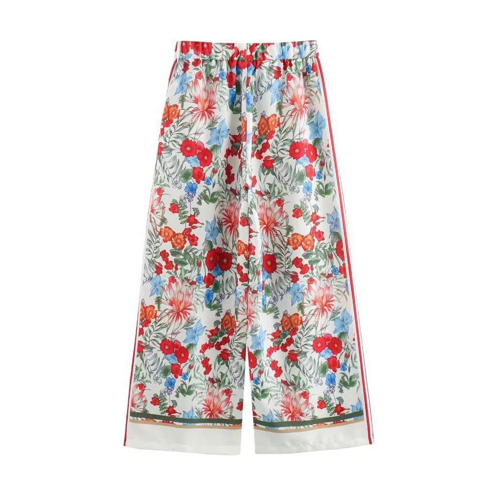 Women's Bohemian Casual Trousers Set with Long Sleeve Shirt and High Waisted Wide Leg Pants