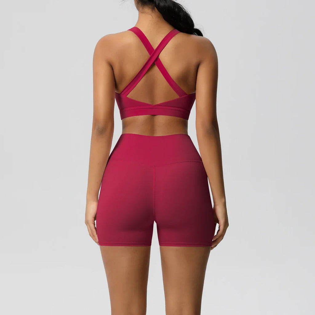 2PCS Pocketed Yoga Set for Women with Crossover Bra and Gym Leggings Workout Tracksuit Sports Shorts Activewear