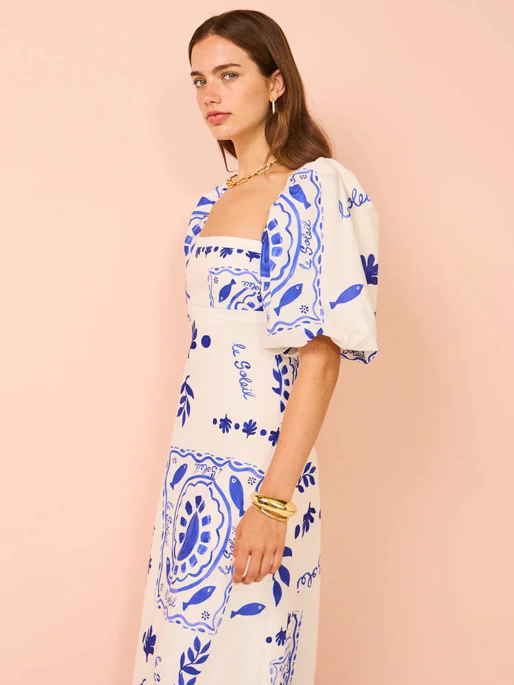 Bohemian Printed Lantern Sleeve Maxi Dress With Collar