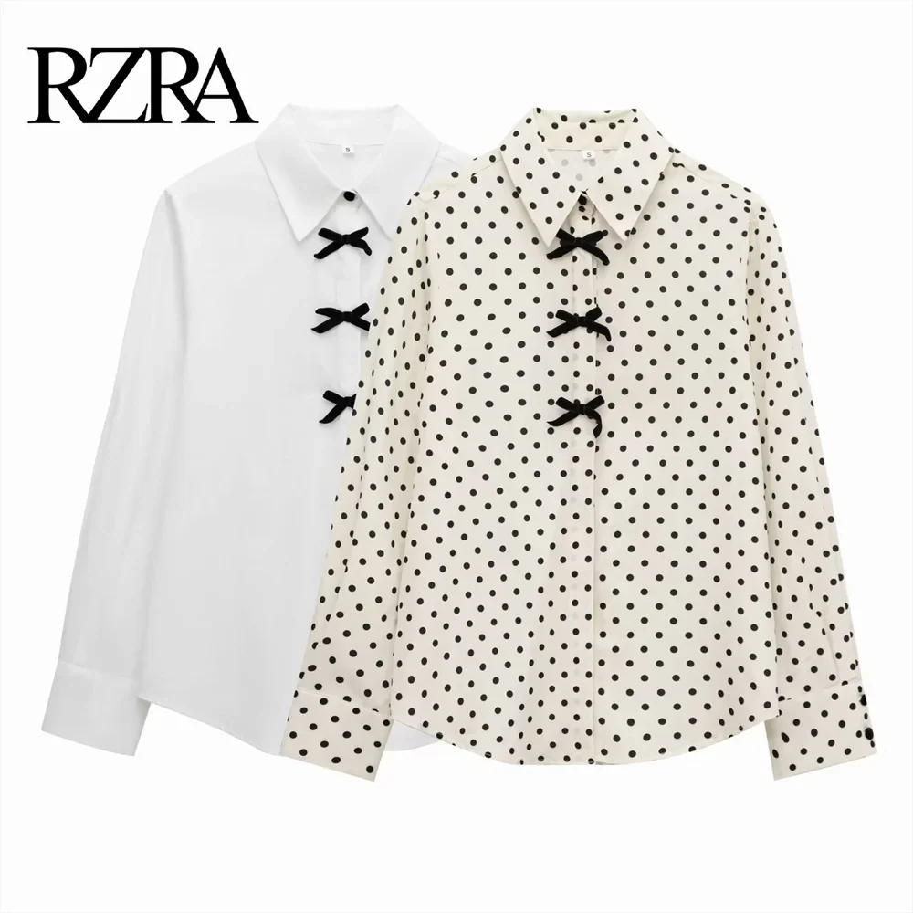Women's Casual Long Sleeve Shirt with Butterfly Knot and Wave Point Pattern Single Breasted Stylish Blouse