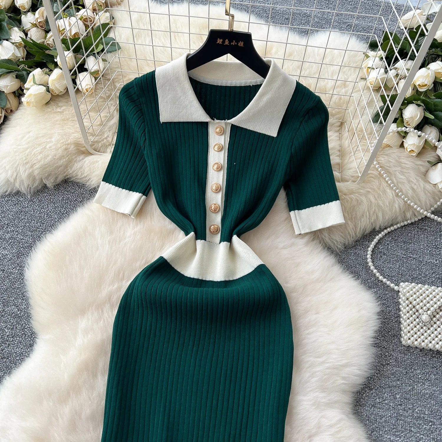 Patchwork Knitted Polo Collar Dress For Women Spring Summer