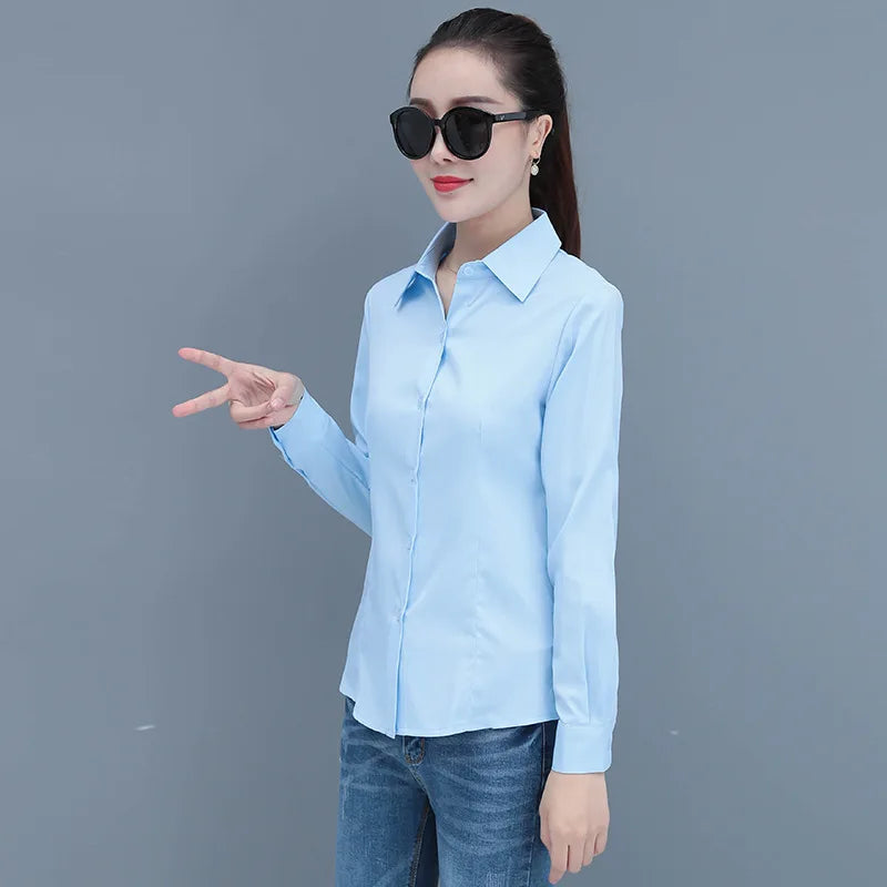Elegant Slim Fit Blue Long Sleeve Blouse for Women Formal Office Shirt Basic Workwear Top