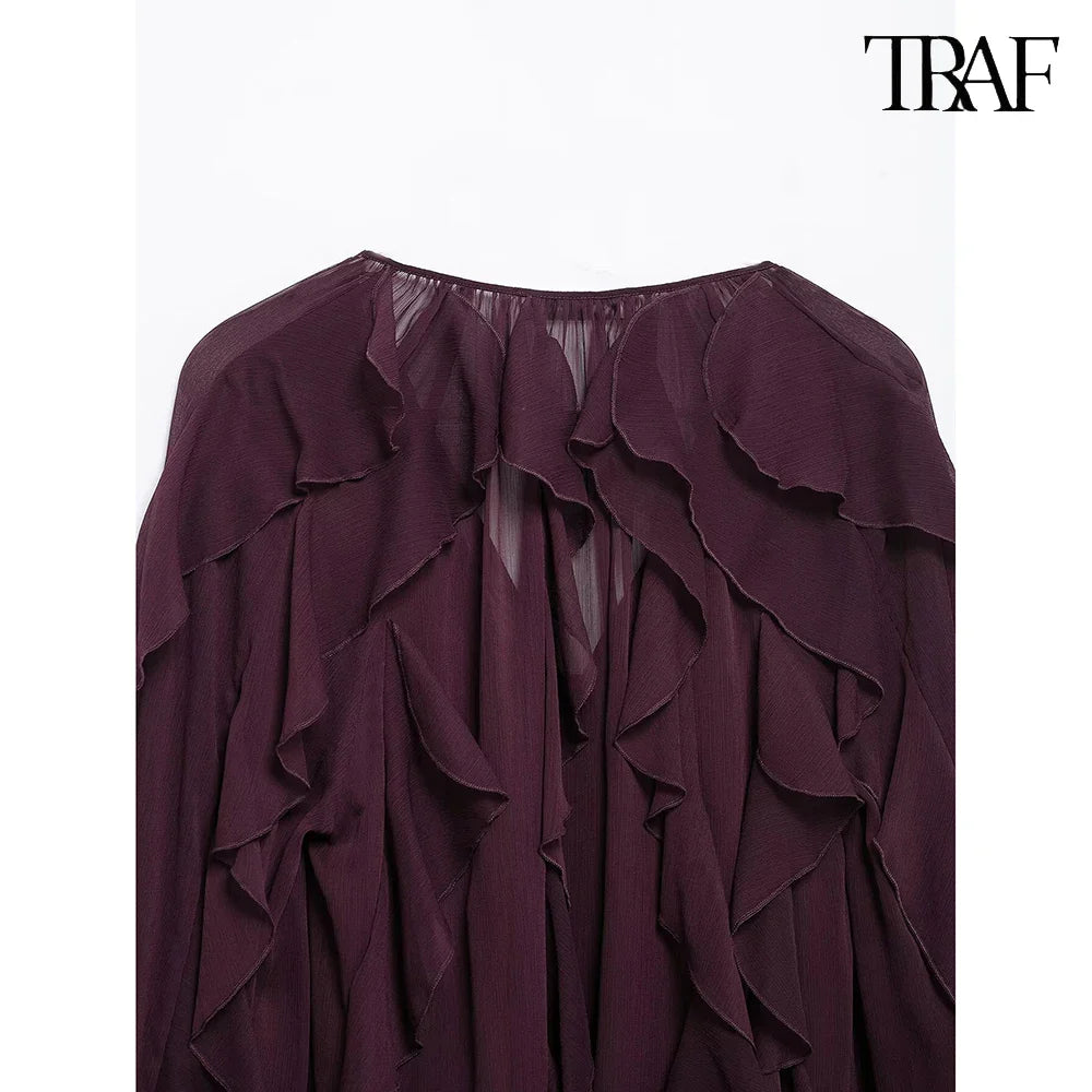 Loose Fit Burgundy Mesh Ruffle Shirt with Flutter Sleeves and Stacked Decorative Design for Women