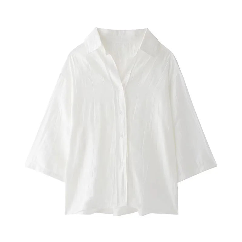 Jacquard Shirt Pants Suit for Women with Lapel Half Sleeve and Pockets, Wide Leg Pant Set for Summer Streetwear