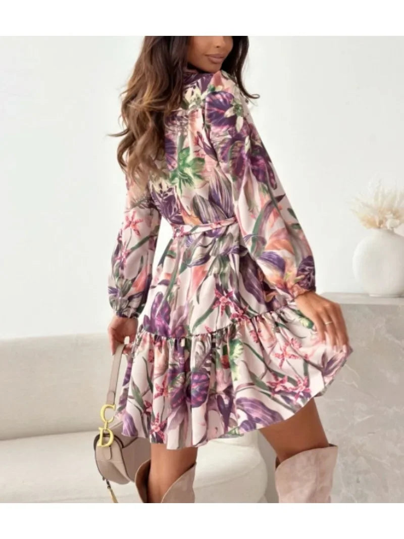Womens Printed Shirt Dress With Belt Round Neck Long Sleeve