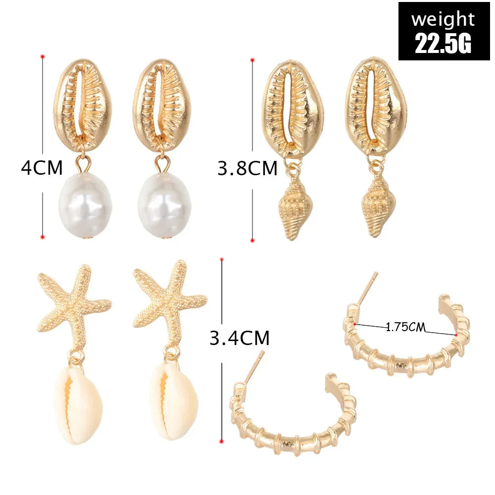 4 Pairs Bohemian Shell Starfish Dangle Earrings Set for Women Beach Pearl Conch Drop Earrings Boho Jewelry Accessories