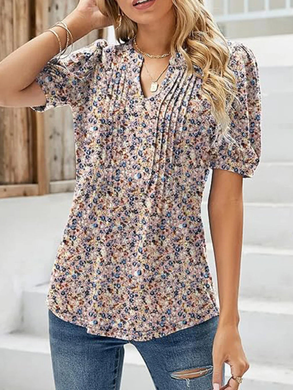 Women's V-Neck Short Sleeve Pleated Waist Printed T-Shirt Lightweight Breathable Summer Top with Elegant Office Style and Comfortable Fit