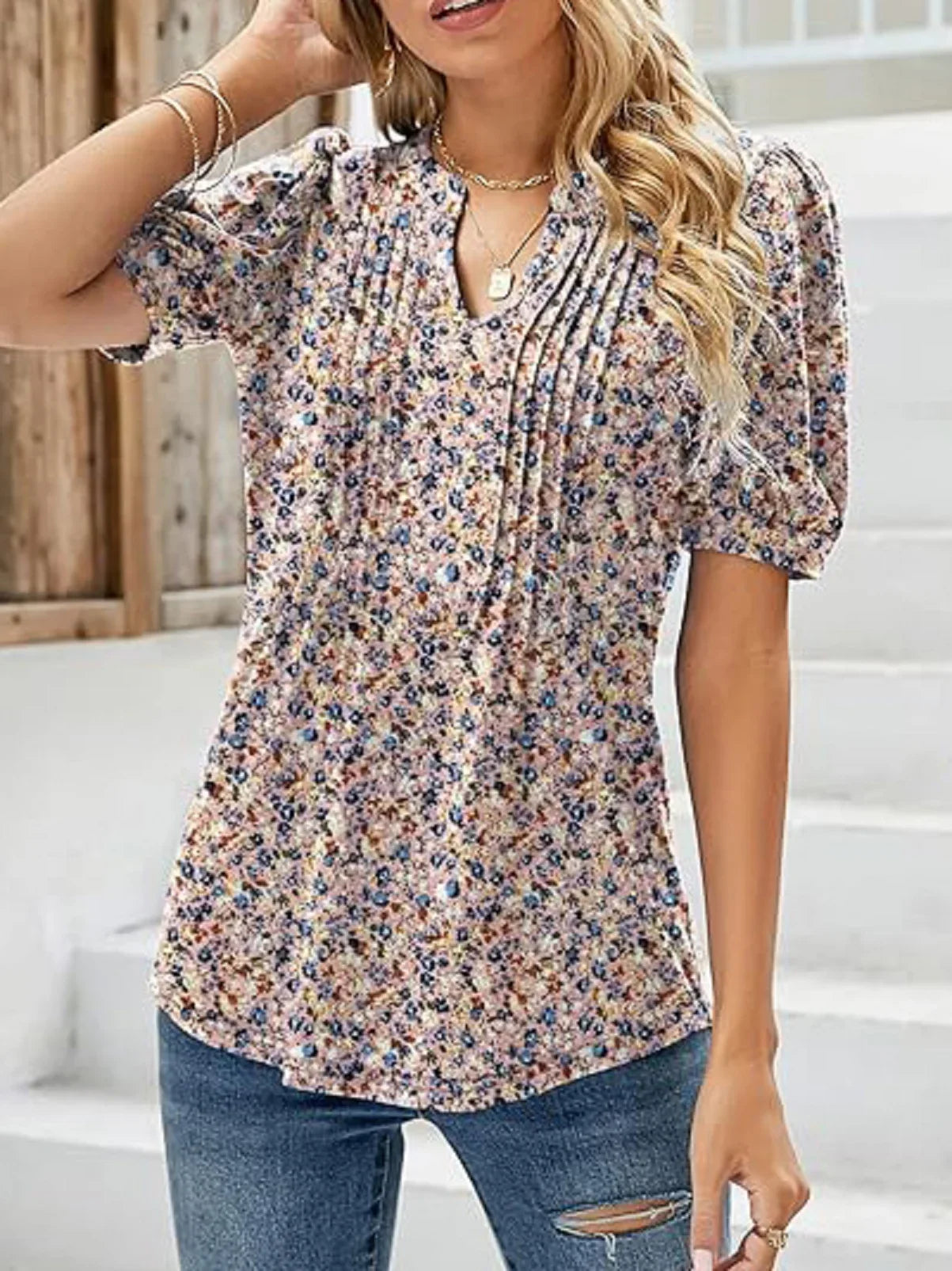Women's V-Neck Short Sleeve Pleated Waist Printed T-Shirt Lightweight Breathable Summer Top with Elegant Office Style and Comfortable Fit