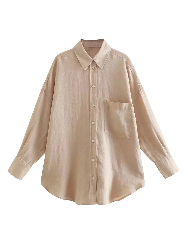 Women's Oversized Vintage Long Sleeve Button-Up Shirt with Pocket Chic Blouse Top