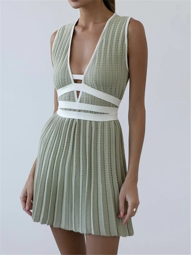 Summer V Neck Knit Dress For Women Sleeveless High Waist