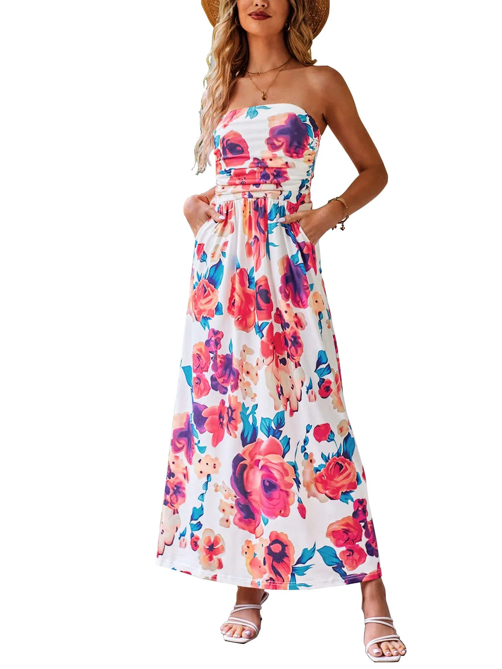 Strapless Maxi Dress With Pockets Pleated Off Shoulder