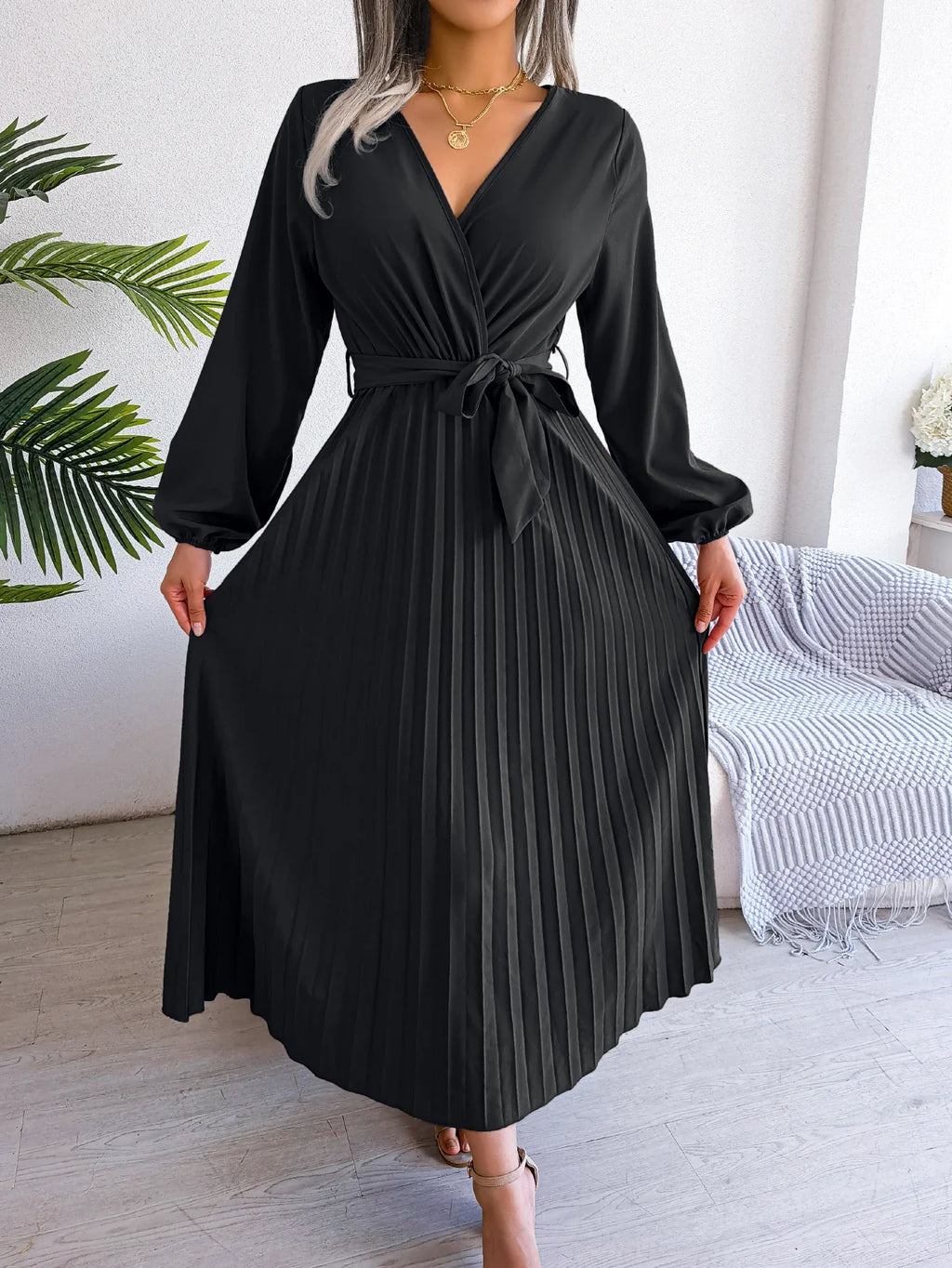 Elegant Surplice Neck Pleated Maxi Dress With Belt Flair