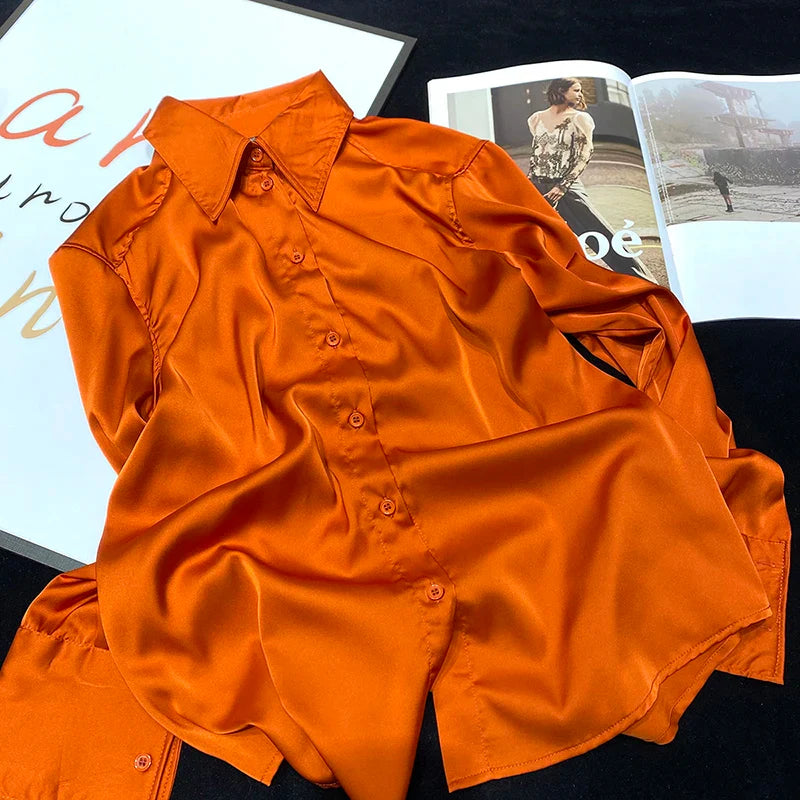 Elegant Satin Blouse for Women Long Sleeve Solid Color Silk Shirt Casual Blue Vintage Office Top