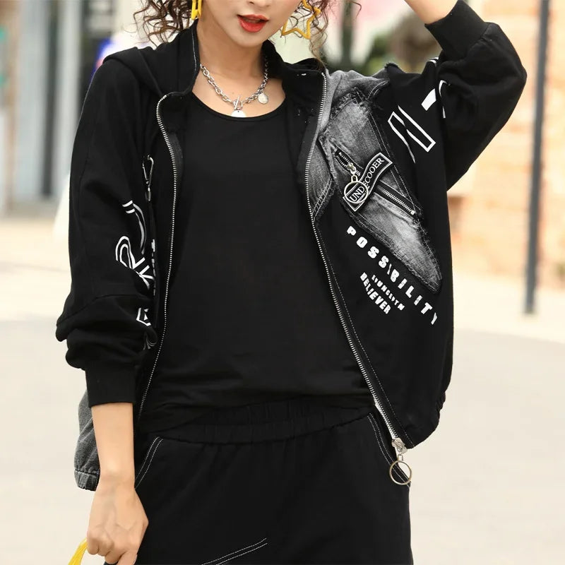 Spring Punk Fashion Women's Two Piece Set with Loose Hooded Jacket and Classic Fitness Pants