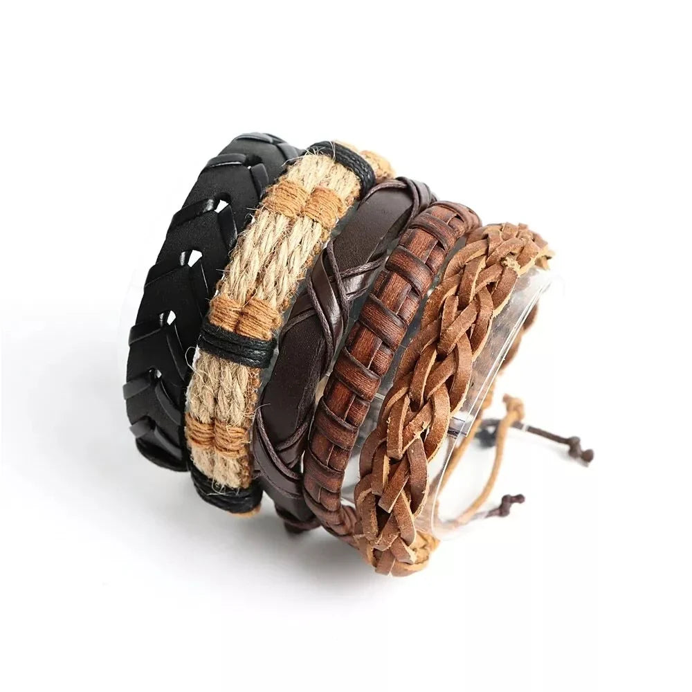 40Pcs Braided Leather Bracelets Set for Men and Women with Wooden Beads Adjustable Cuff Wristbands and Ethnic Tribal Designs