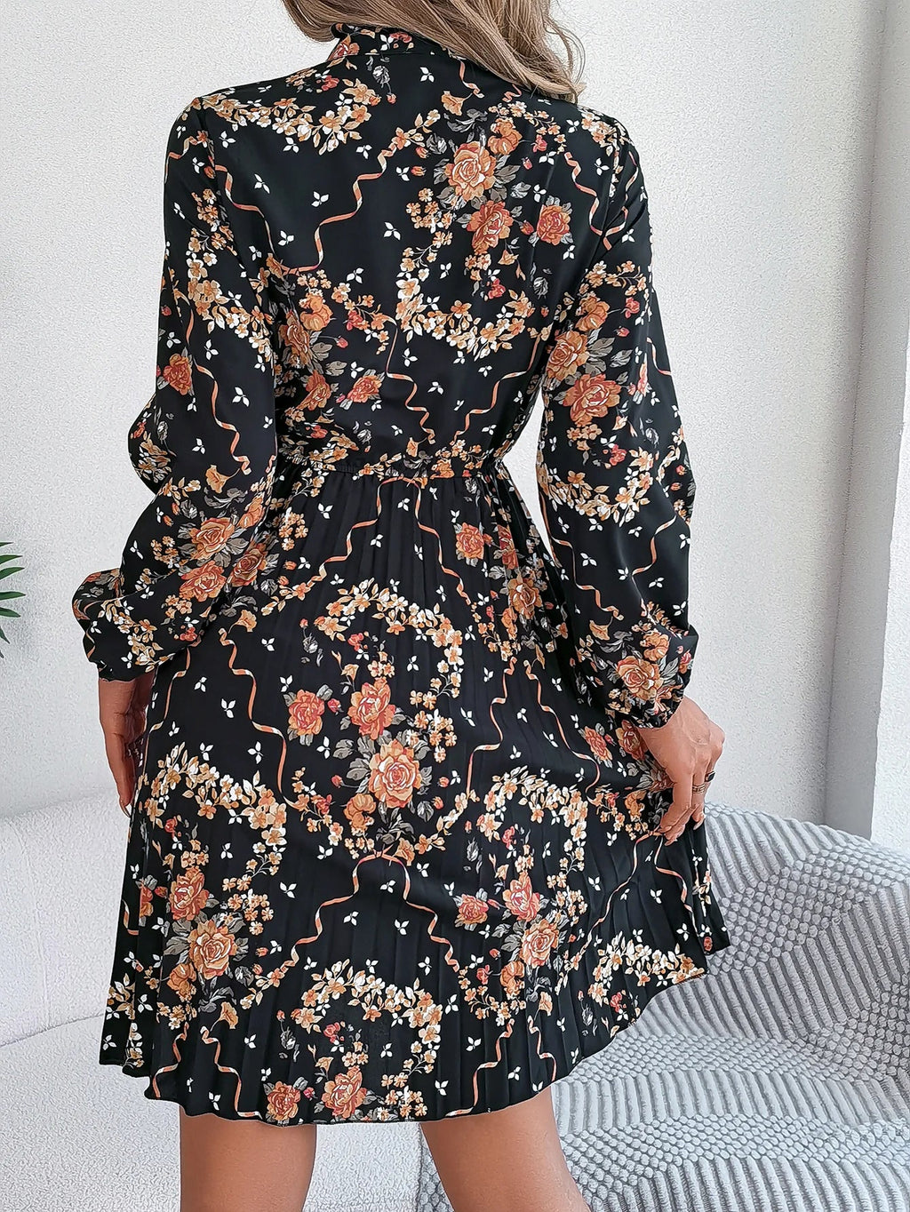 Floral Print Lace Up Long Sleeve Pleated Dress With Bow