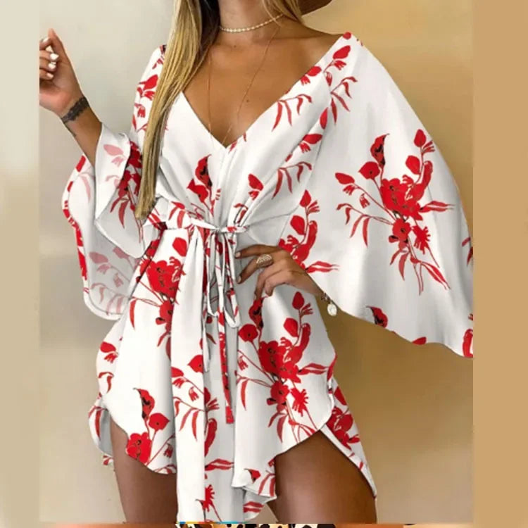 Printed Beach Resort Dress V Neck Bat Wing Sleeve Lace Up