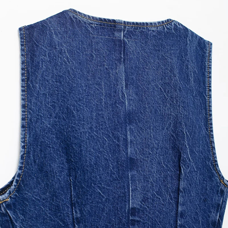 Women's Fashion Denim Blue V-Neck Tank Top and Vintage Straight Leg Pants Two Piece Set