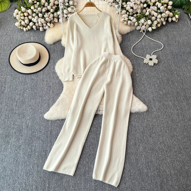 Cozy Knitted Two-Piece Women's Tracksuit Set with V-Neck Sweater and Straight Jogging Pants Autumn Winter Lounge Wear