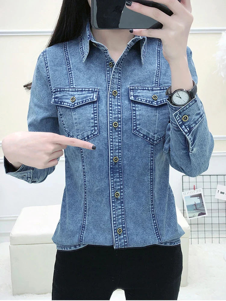 Women's High Quality Denim Shirt Long Sleeve Single Button Blouse with Pockets Casual Korean Style Autumn Winter Top
