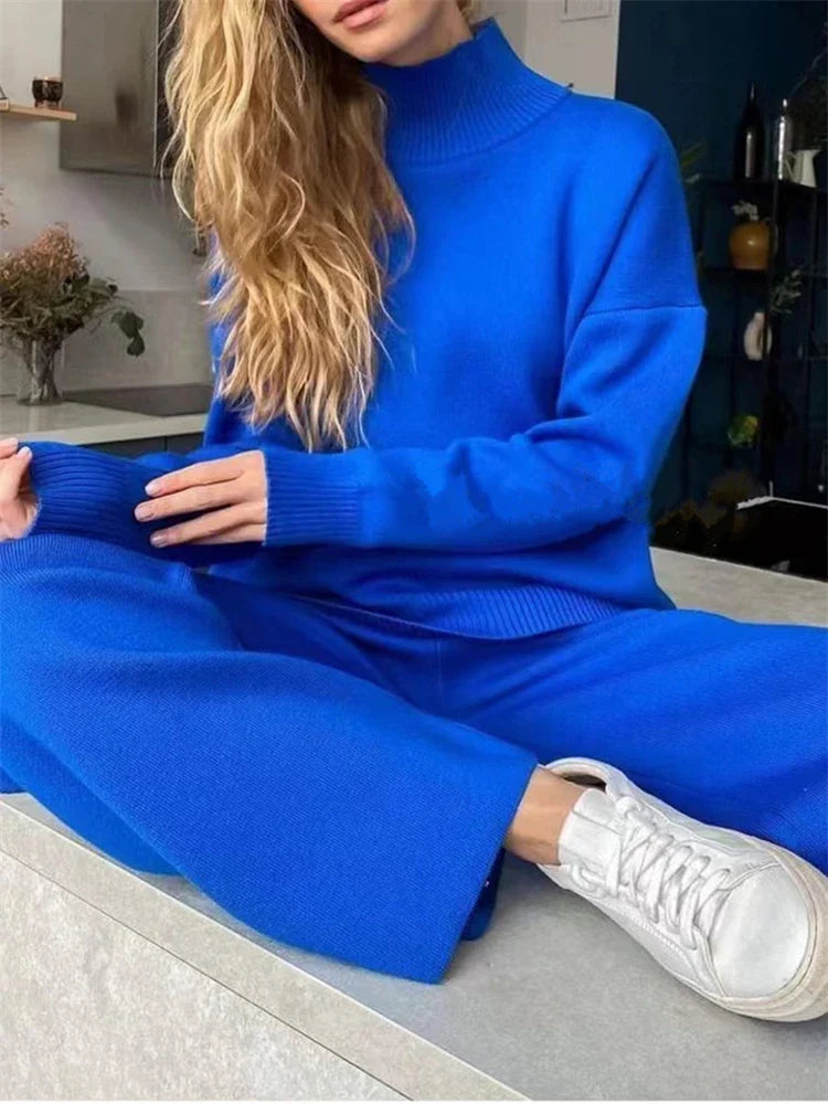 Blue Knitted Tracksuit Set for Women Featuring Turtleneck Sweater and Straight Leg Jogging Pants