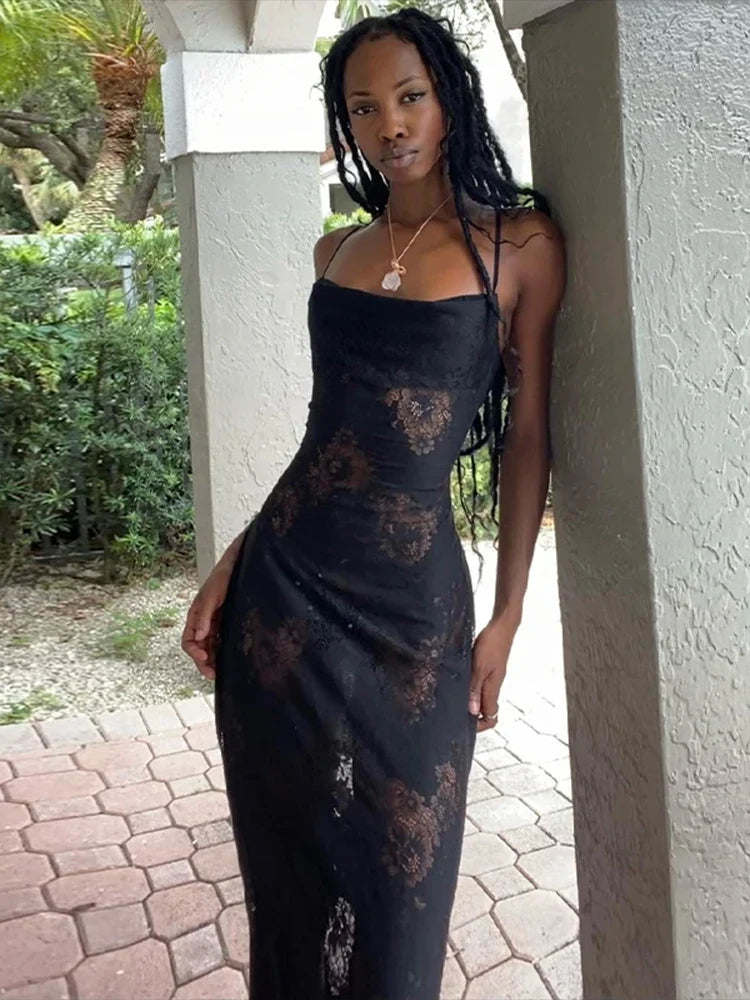 Backless Lace Up Patchwork Cami Maxi Dress Party Wear