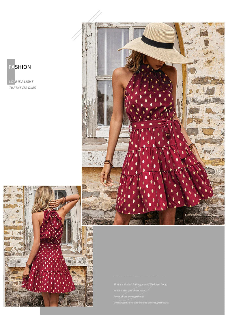 Sleeveless Dot Print Midi Dress With A Line Silhouette