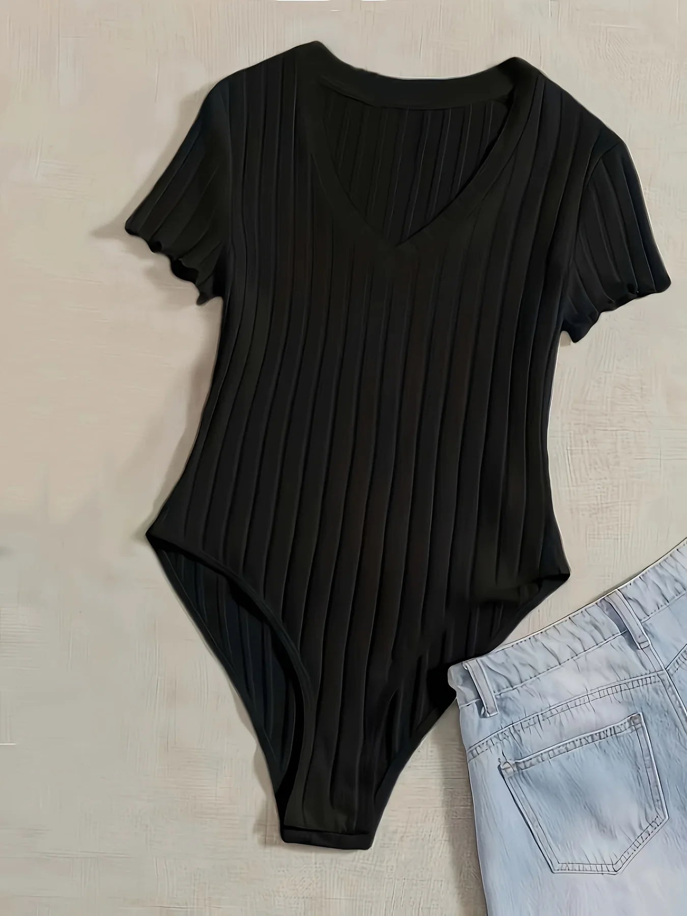 Elegant Ribbed V-Neck Bodysuit with Lettuce Trim and Semi-Sheer Comfort Fit for All Seasons