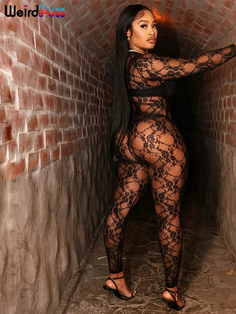 Sexy Zip Front Skinny Jumpsuit for Women Stretch Long Sleeve O-Neck Elastic Clubwear Thin Workout Overalls